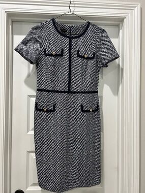 Talbots Navy and White Textured Short-Sleeve Shift Dress